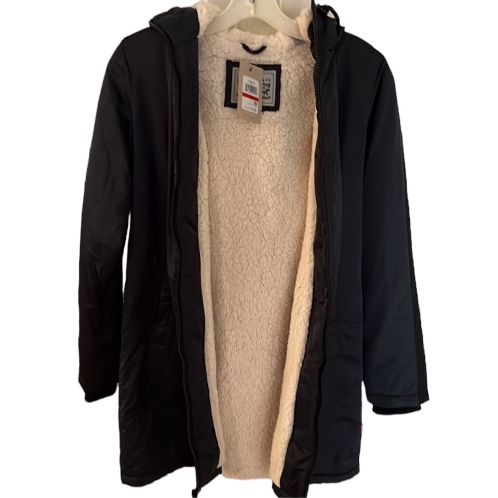 LEVI’S navy blue oversized XS 3/4 hooded stadium style coat shearling lined